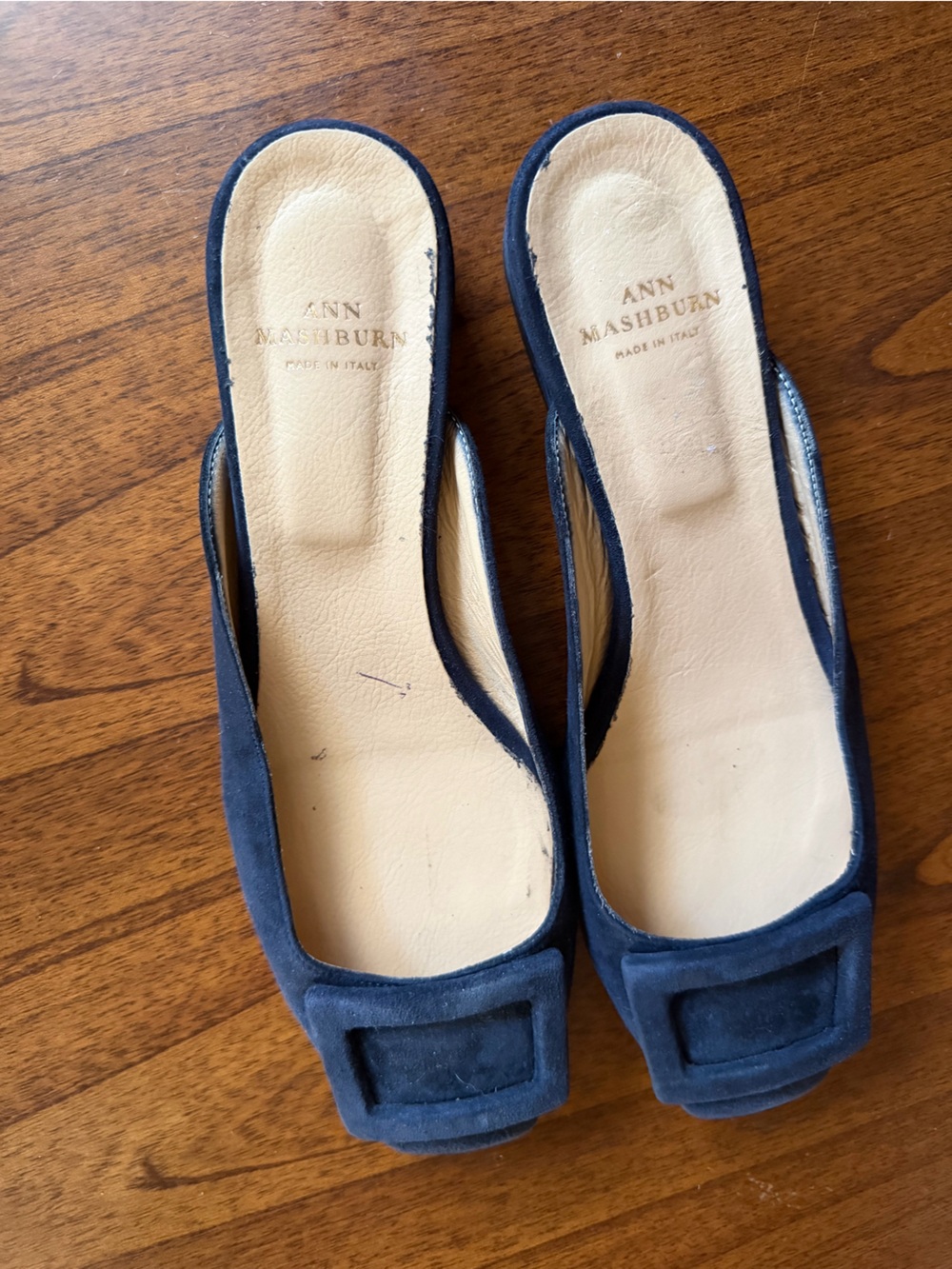 ANN MASHBURN Navy Suede Square-Toe Slide with Decorative Buckle